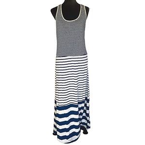 Seven7 Navy Blue and Gray Sleeveless and Striped Maxi Dress
